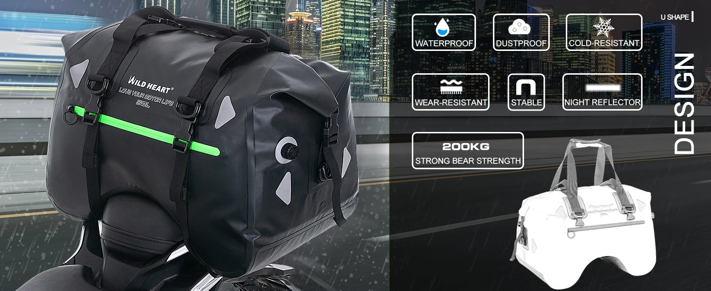WILD HEART Dry Motorcycle Tail bag 50L With Rope Straps and Inner Pocket Waterproof PVC 500D for Travel,Motorcycle and so on