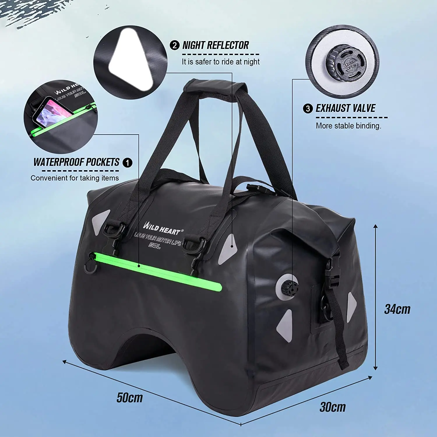 WILD HEART Dry Motorcycle Tail bag 50L With Rope Straps and Inner Pocket Waterproof PVC 500D for Travel,Motorcycle and so on