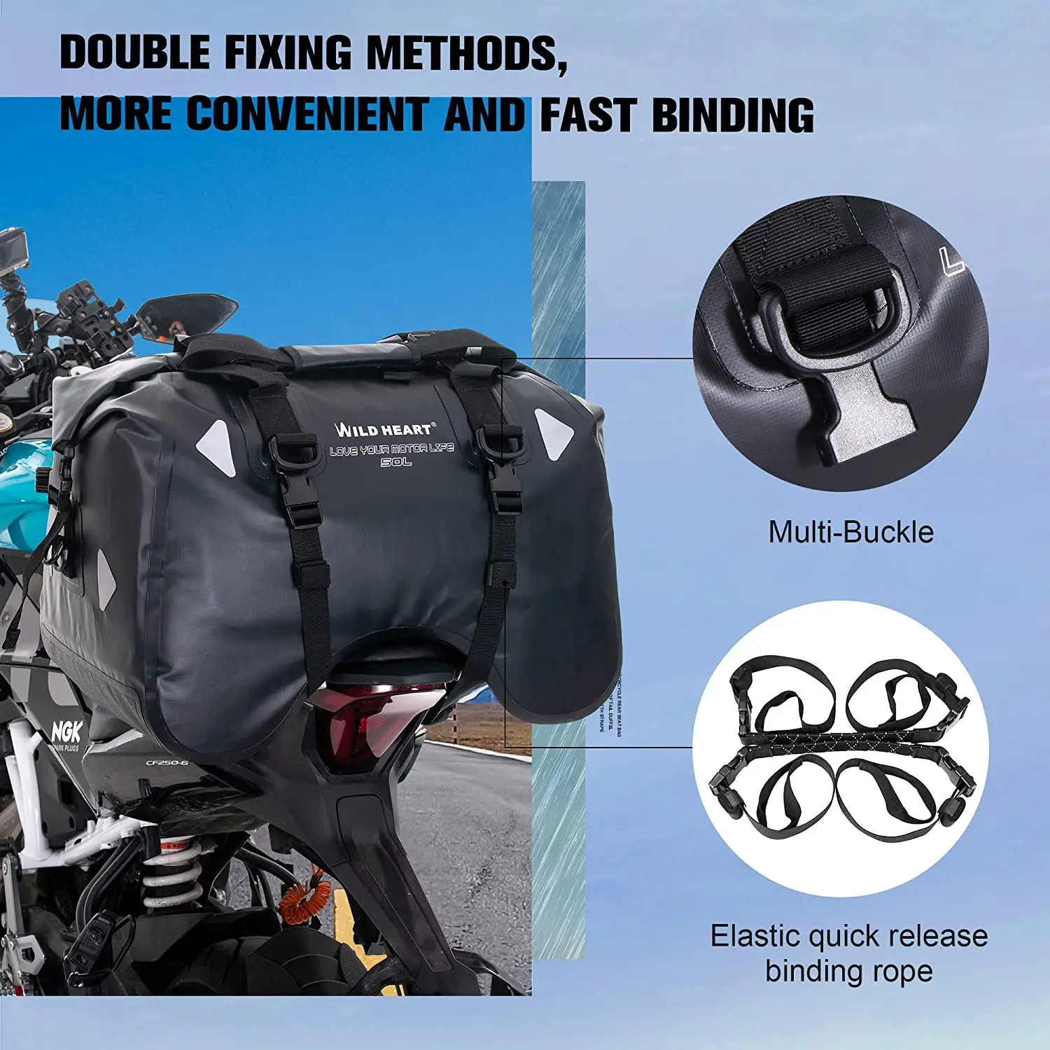 WILD HEART Dry Motorcycle Tail bag 50L With Rope Straps and Inner Pocket Waterproof PVC 500D for Travel,Motorcycle and so on
