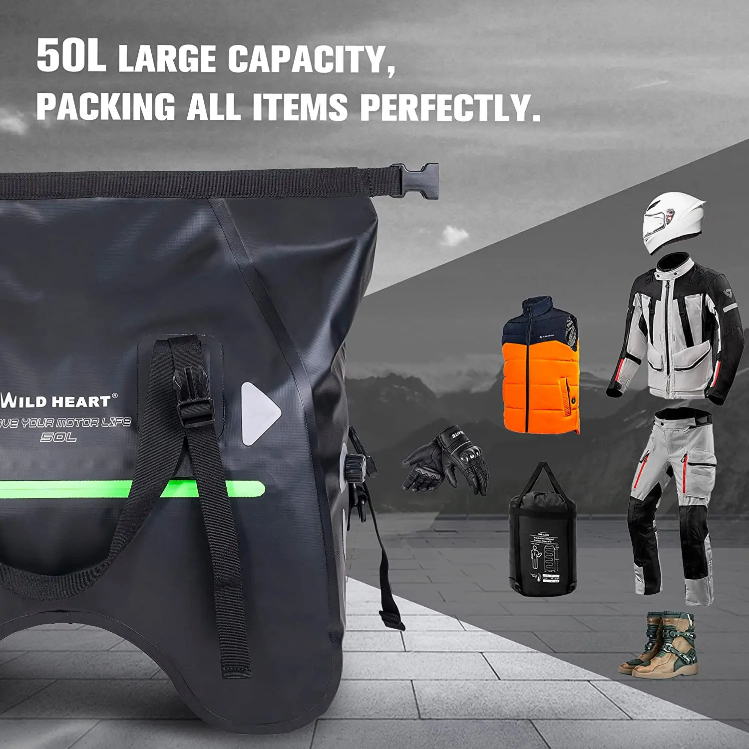 WILD HEART Dry Motorcycle Tail bag 50L With Rope Straps and Inner Pocket Waterproof PVC 500D for Travel,Motorcycle and so on