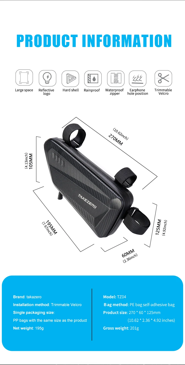 TAKEZERO TZ04 Bicycle Triangle Frame Bag Hard Shell Zipper Storage Three Mounting Straps Left Right Options MTB Road Cycling
