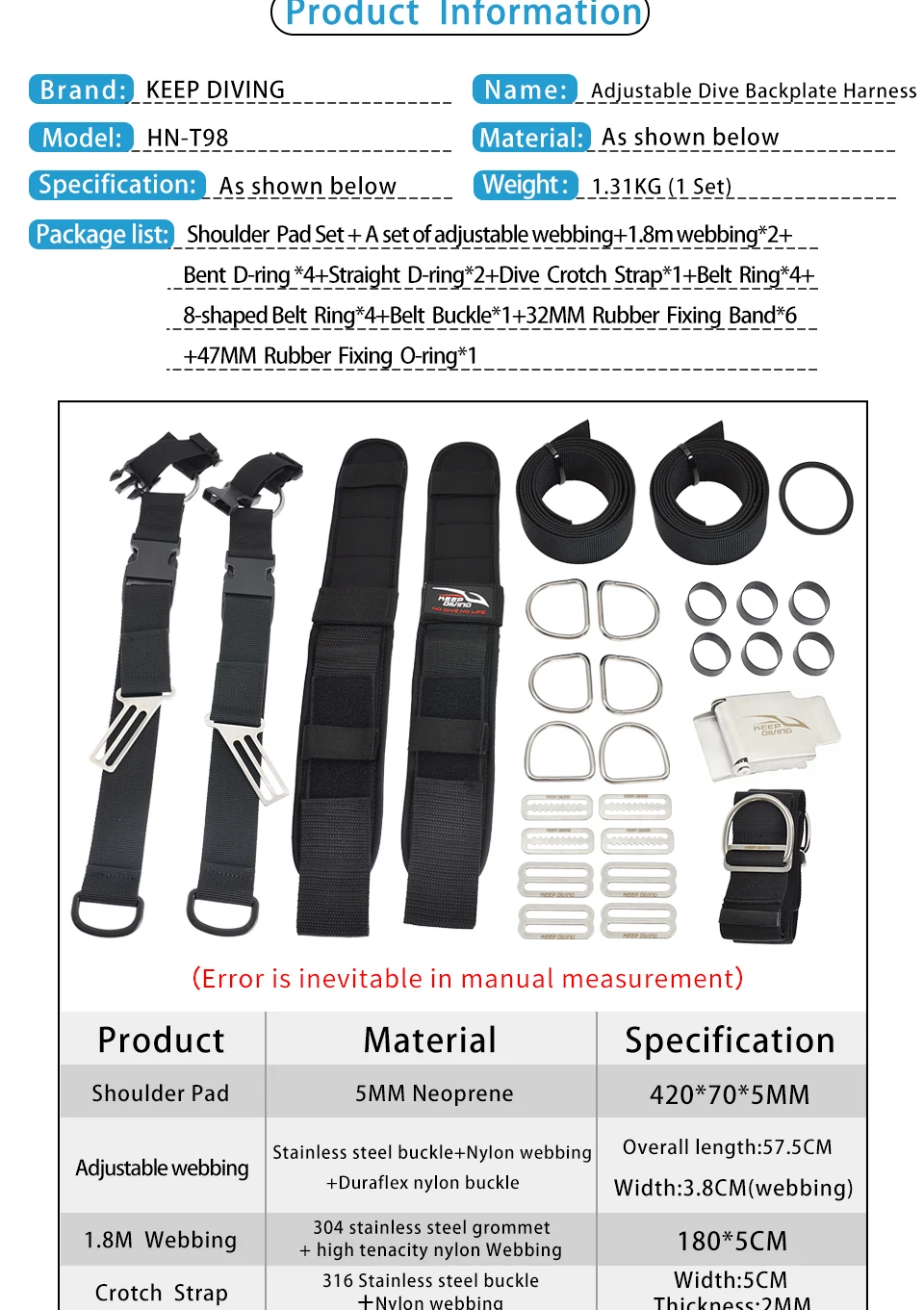 Scuba Diving Adjustable Backplate Harness Set BCD Ultralight Backplane Accessories Crotch Strap Weight Belt Dive Accessories