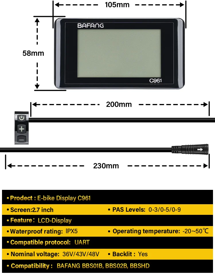 Ebike C961 Display Control Pane for BAFANG BBS01B BBS02B BBSHD Motor Electric Bike Bicycle Components Mid Motor Conversion Kit
