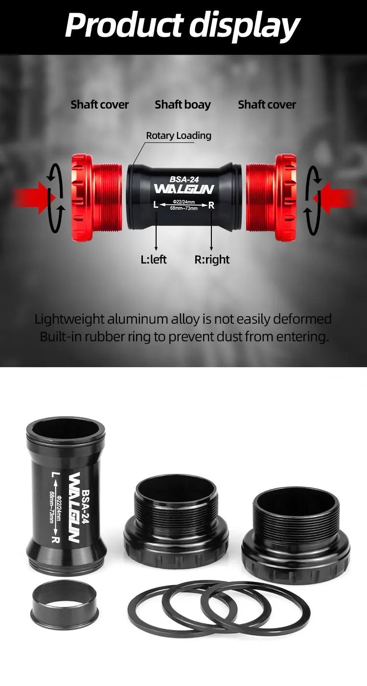 Walgun Bicycle Bottom Bracket BSA Thread Kit Road MTB Bike Frame 68/73 for Axis 24/22 and 29/30mm for Shiman SRM GXP Crankset