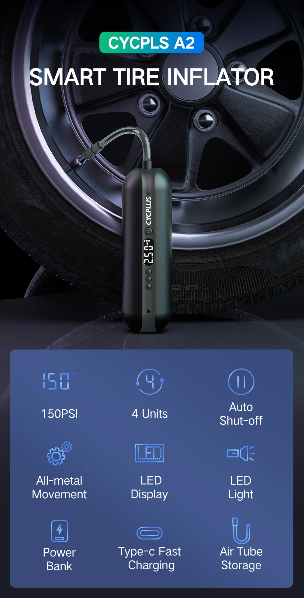CYCPLUS A2 Air Compressor Wireless Bicycle Pump for Car Tire High Pressure 150psi Portable Smart Air Inflator for MTB Bike Ball
