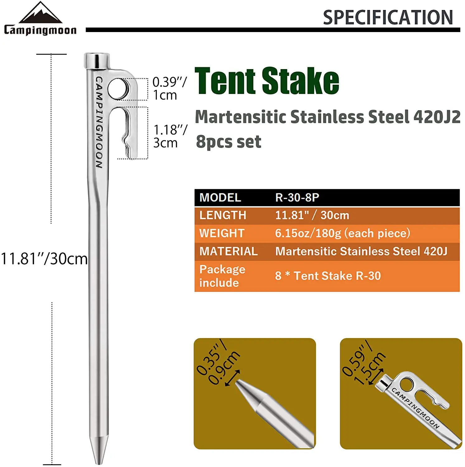 Campingmoon R30-8 Outdoor Camping Pile Nail Camping Accessories 8-Piece Stainless Steel Camp Nail Set