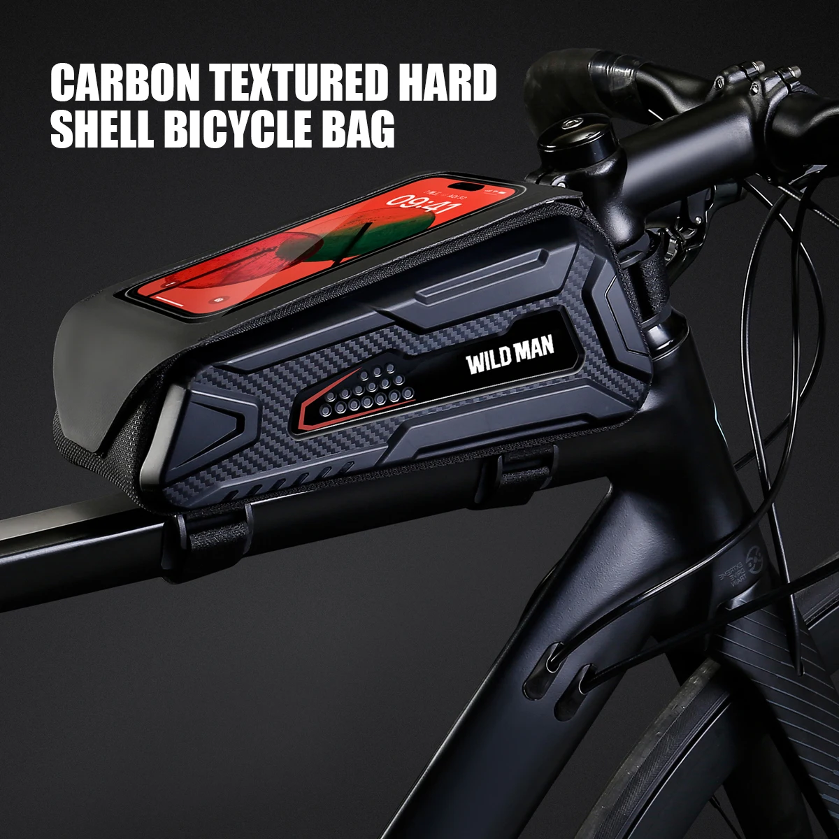 WILD MAN M90 Bicycle Top Tube Phone Bag EVA Hard Shell Touchscreen Window Double Zipper Cooling Holes Storage Mounting Straps