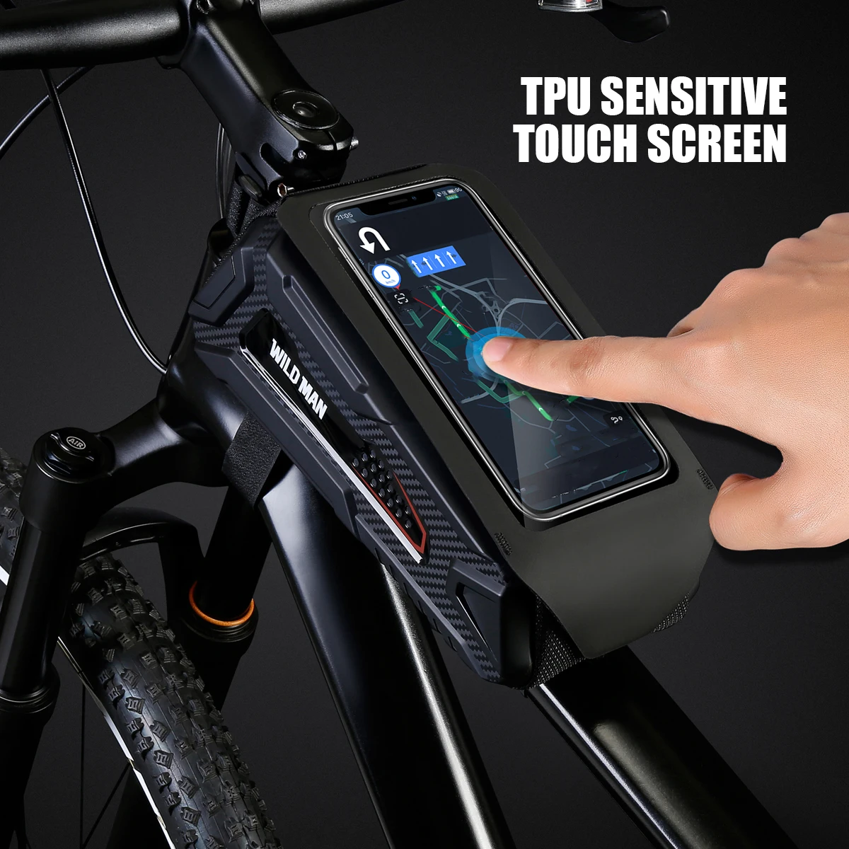 WILD MAN M90 Bicycle Top Tube Phone Bag EVA Hard Shell Touchscreen Window Double Zipper Cooling Holes Storage Mounting Straps