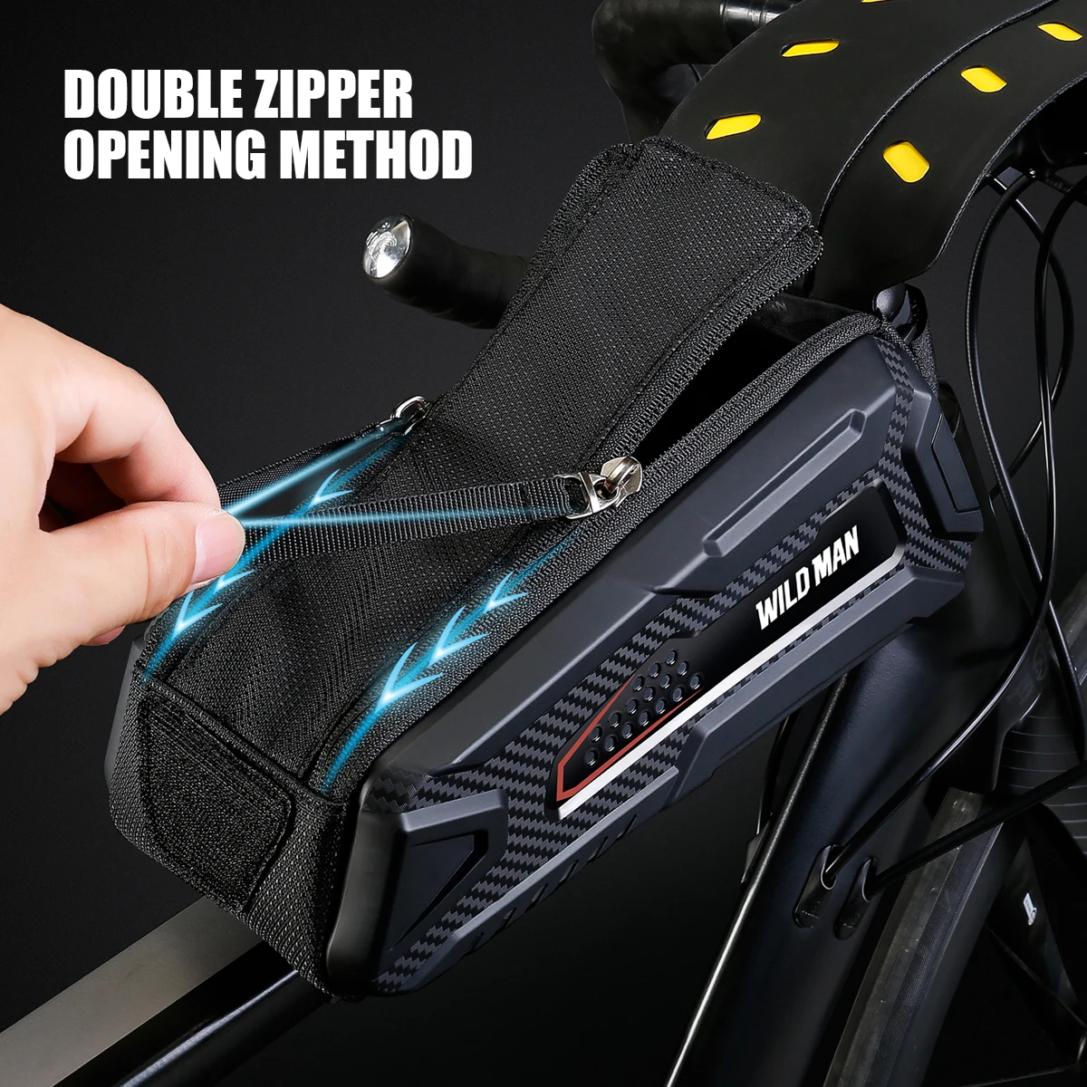 WILD MAN M90 Bicycle Top Tube Phone Bag EVA Hard Shell Touchscreen Window Double Zipper Cooling Holes Storage Mounting Straps