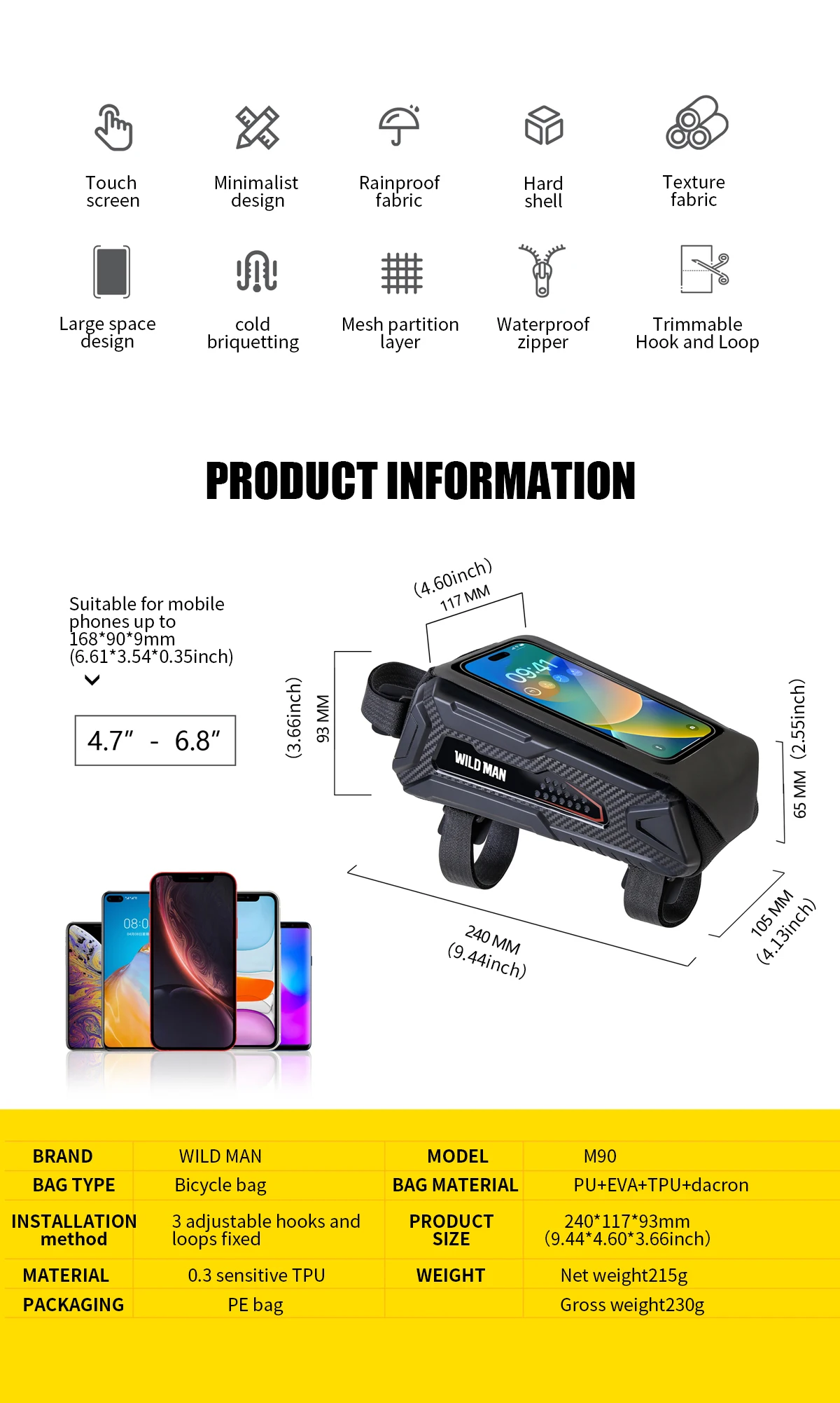 WILD MAN M90 Bicycle Top Tube Phone Bag EVA Hard Shell Touchscreen Window Double Zipper Cooling Holes Storage Mounting Straps