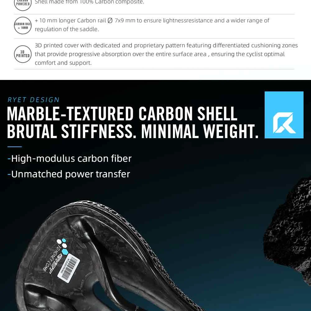 RYET Carbon Fiber 3D Printed Bike Saddle Super Light Road MTB Mountain Racing Seating Bicycle Seat Cushion Cycling Accessories
