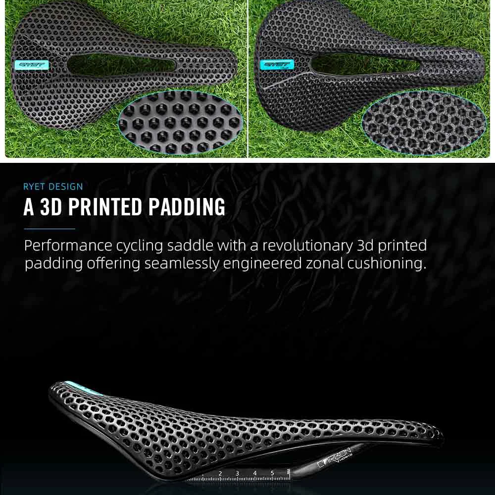 RYET Carbon Fiber 3D Printed Bike Saddle Super Light Road MTB Mountain Racing Seating Bicycle Seat Cushion Cycling Accessories
