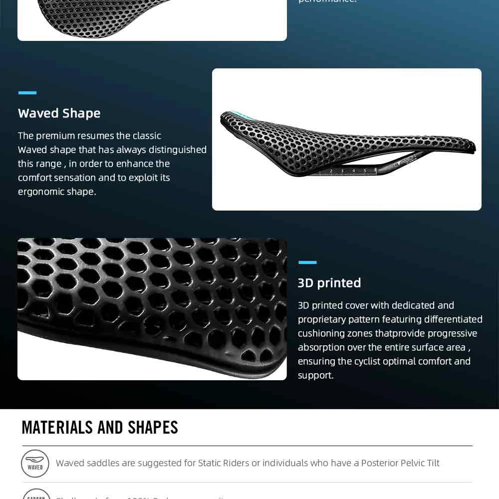 RYET Carbon Fiber 3D Printed Bike Saddle Super Light Road MTB Mountain Racing Seating Bicycle Seat Cushion Cycling Accessories