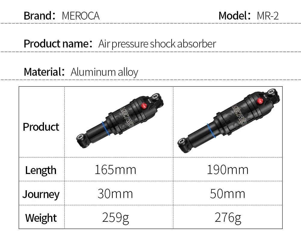 MEROCA Bicycle Air Shock Absorber 125mm/150mm/165mm/190mm Length Adjustable Air Pressure Mountain Bike Air Shock Rear Shock