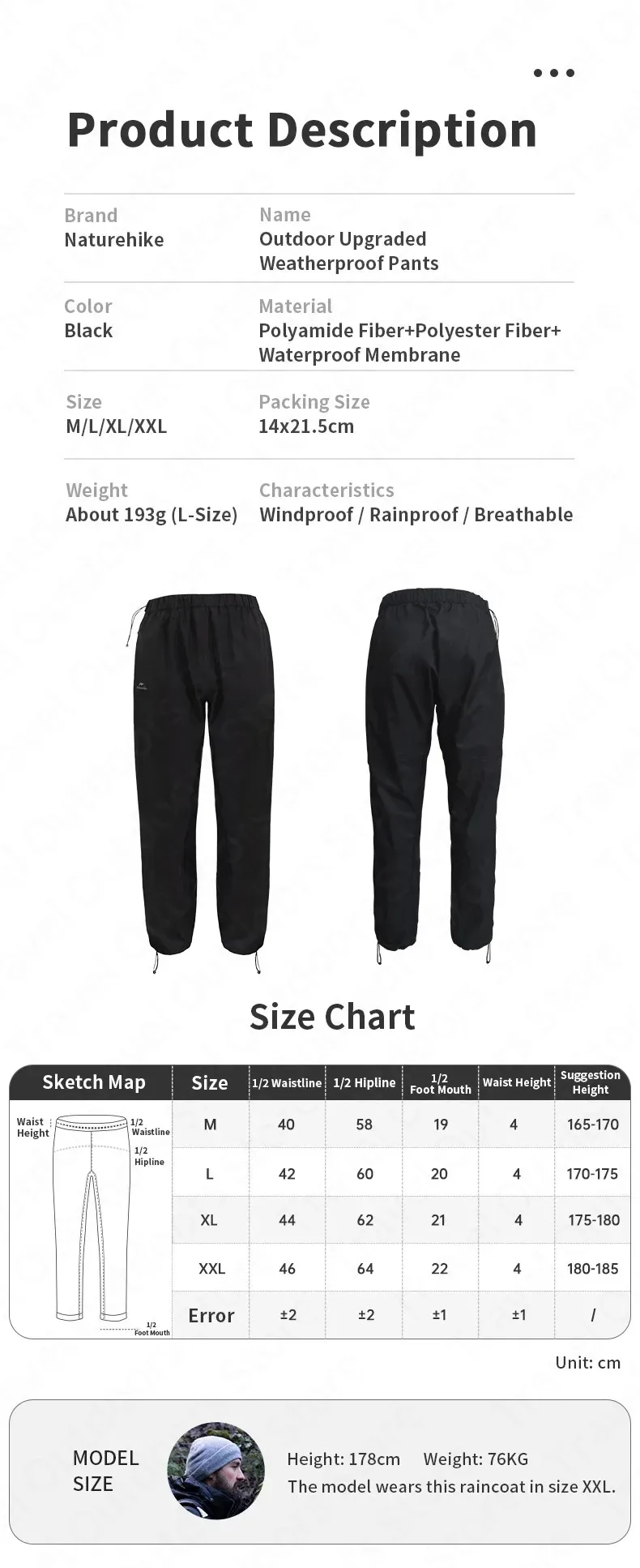 Naturehike Rainproof Pants Outdoor Hiking travel Waterproof Breathable Fishing Pants Ultralight Portable Windproof Camping Pants