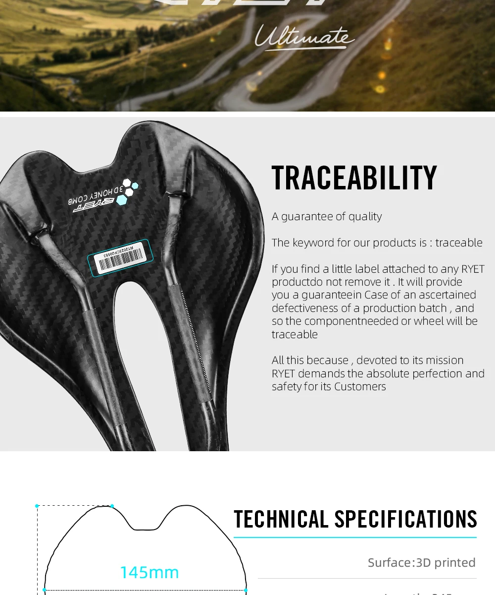 RYET 3D Printed Bicycle Saddle Ultralight Carbon EVA 245x145mm Bike Seating Part MTB Gravel Road Bike Seat Cycling Cushion