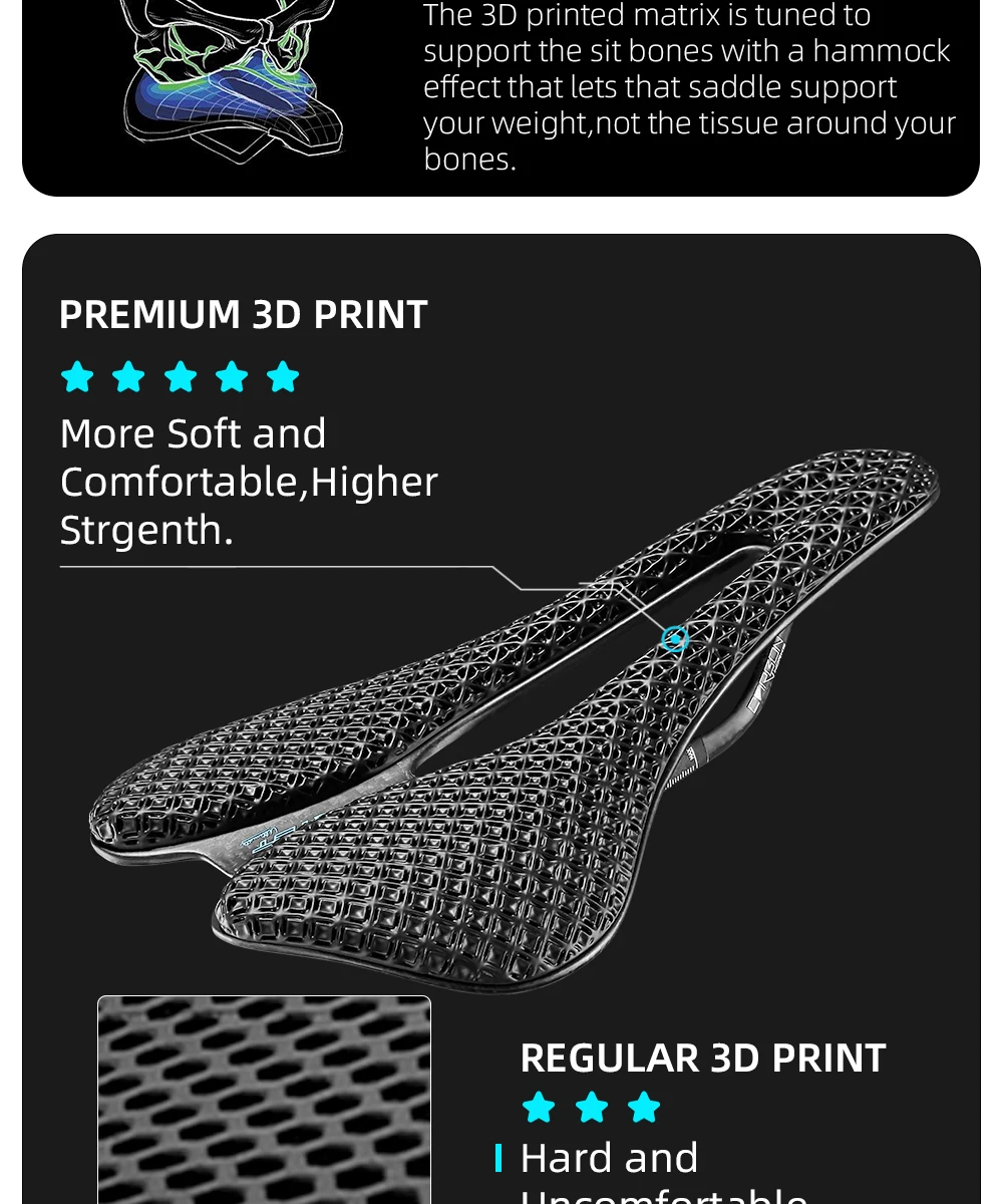 RYET 3D Printed Bicycle Saddle Ultralight Carbon EVA 245x145mm Bike Seating Part MTB Gravel Road Bike Seat Cycling Cushion