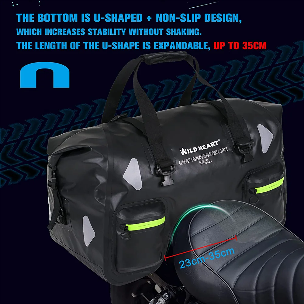 WILD HEART Waterproof Bag for Motorbike U-shaped Motorcycle Luggage Bag Waterproof PVC Material 70L Large Capacity Moto Bags