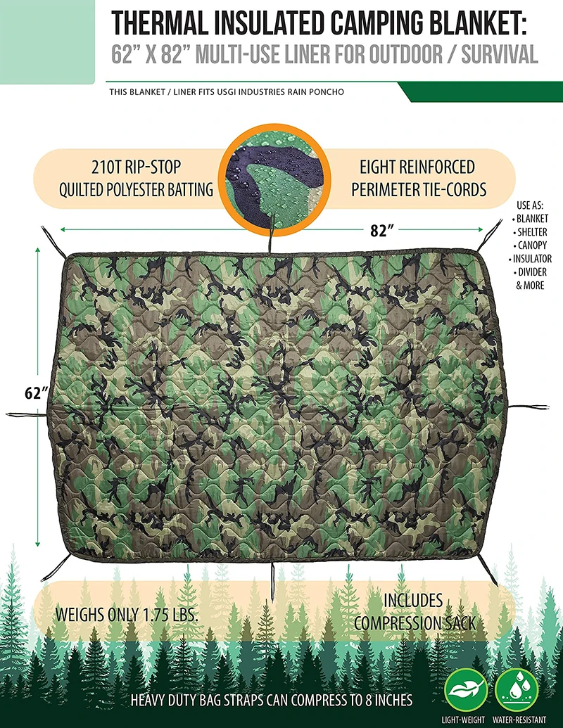 Welead Camo Woobie Ultralight Camping Quilt Travel Outdoor Camouflage Blanket Portable Warm Sleeping Bag Pad Poncho Hunting
