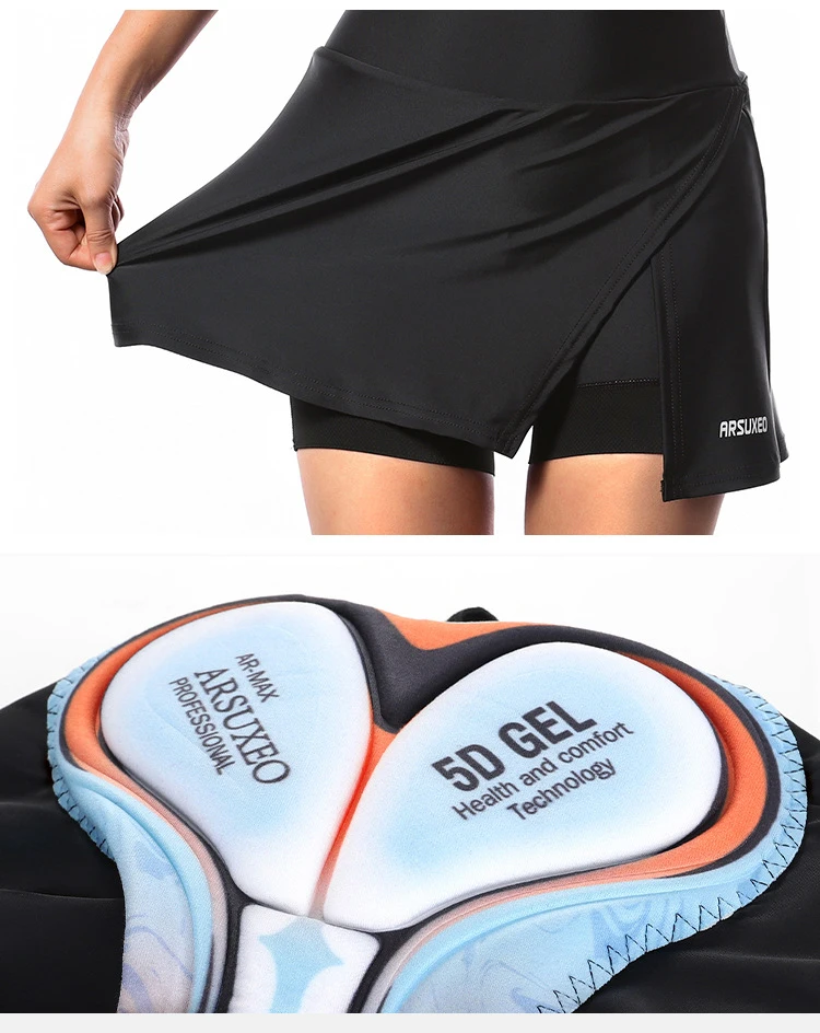 ARSUEXO Women Cycling Shorts 2-in-1 With 5D Silicone Cushion MTB Bike Shorts High Waist Bicycle Tights Breathable Sports Skirt