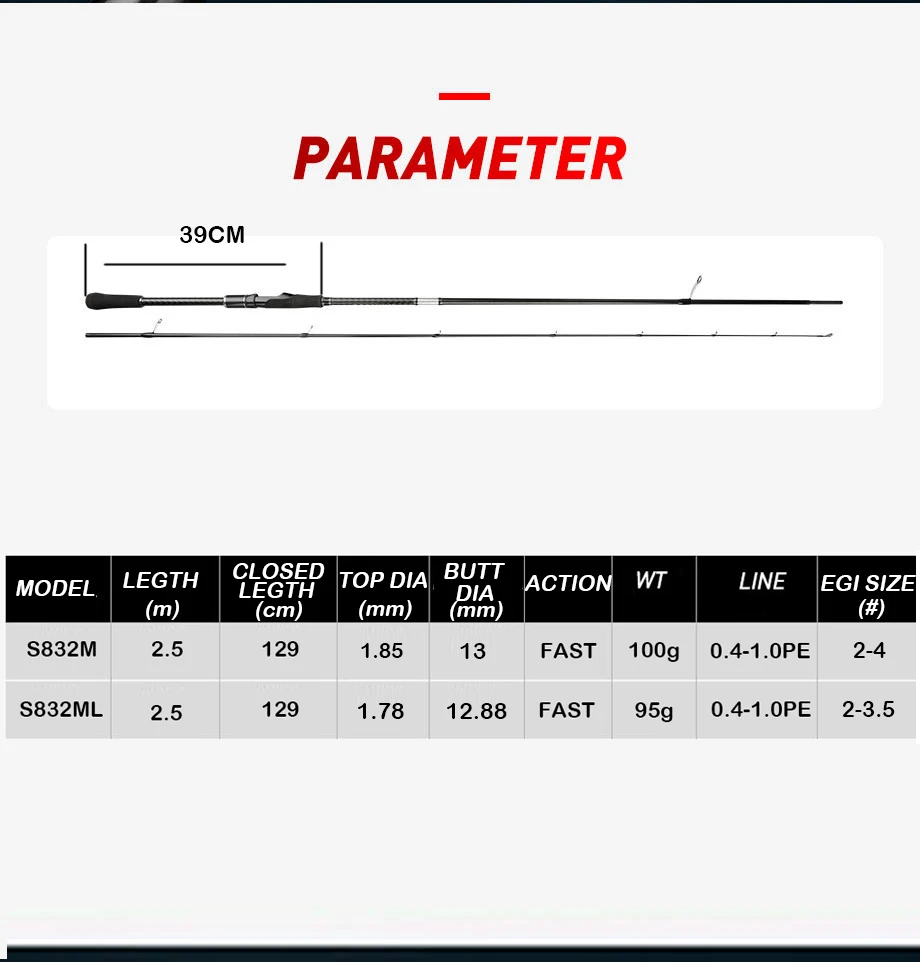 Egi Rod Squid Lure Rod Spinning Rod 832M/ML Pe 0.4-1.0 Squid Size #2-4 Egging fishing rod light weight 95g 100g 40T carbon rod