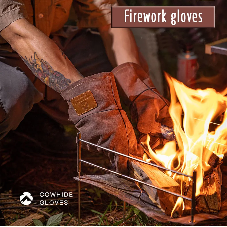 Campingmoon Flame Retardant Heat Insulation Leather High Temperature Outdoor Camping Picnic BBQ Gloves