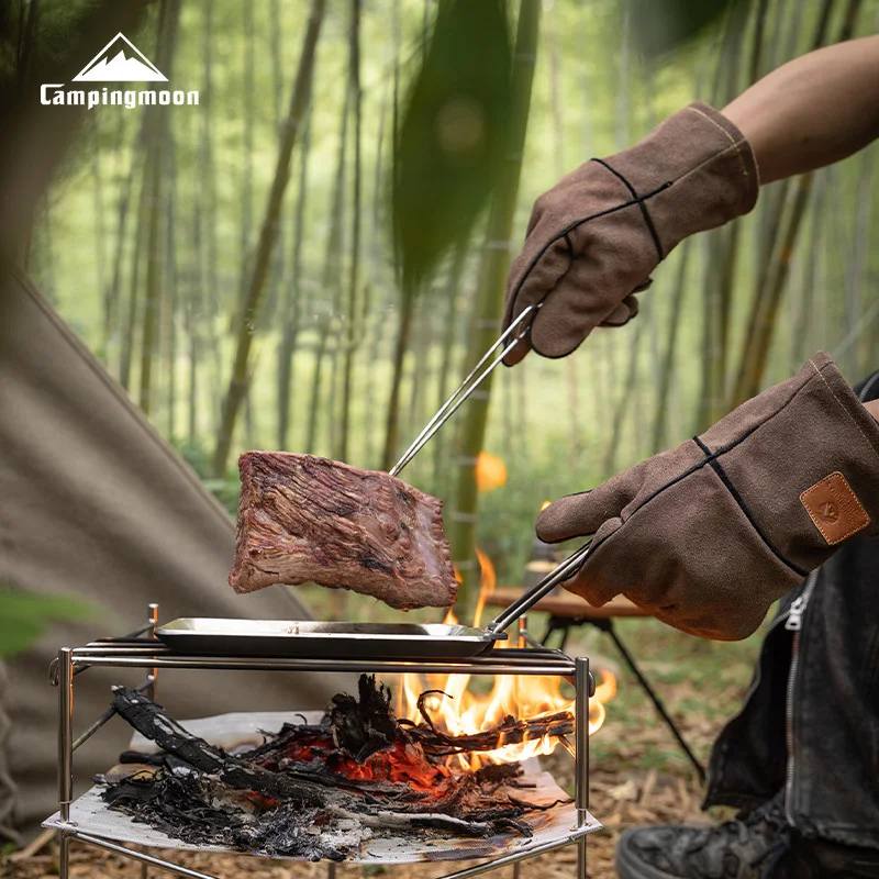 Campingmoon Flame Retardant Heat Insulation Leather High Temperature Outdoor Camping Picnic BBQ Gloves