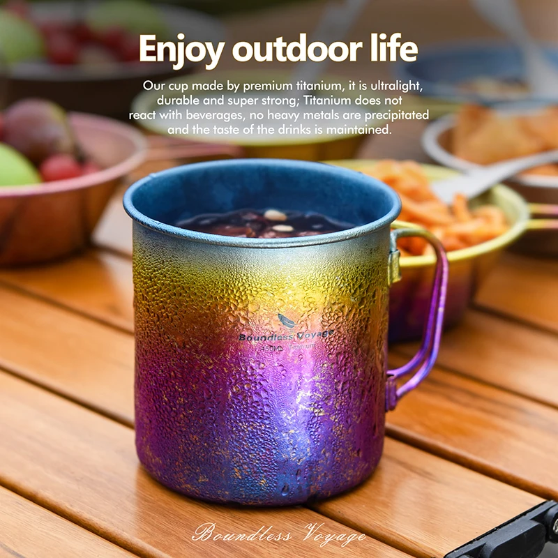 Boundless Voyage 450ml Outdoor Camping Titanium Mug Colorful Tea Coffee Cup with Lid Travel Drinkware Single Layer Mug
