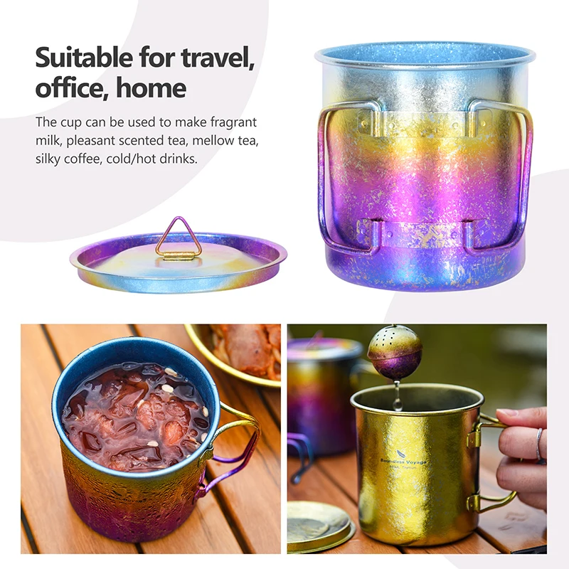 Boundless Voyage 450ml Outdoor Camping Titanium Mug Colorful Tea Coffee Cup with Lid Travel Drinkware Single Layer Mug