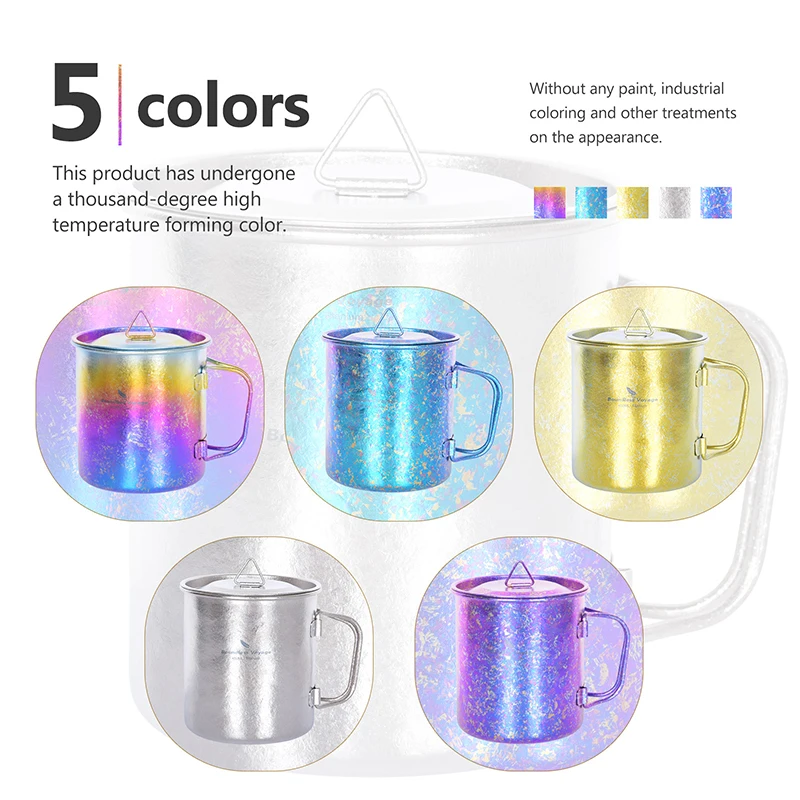 Boundless Voyage 450ml Outdoor Camping Titanium Mug Colorful Tea Coffee Cup with Lid Travel Drinkware Single Layer Mug