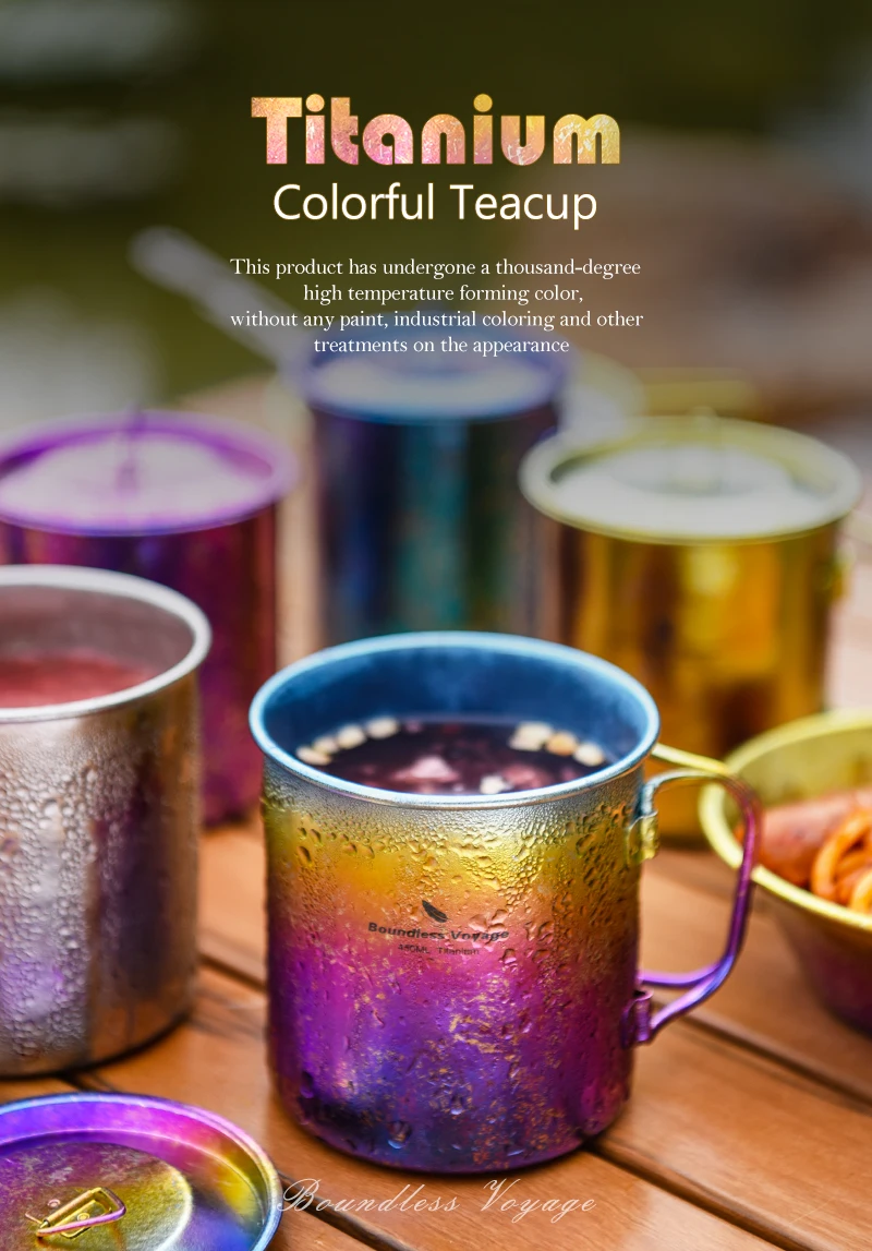 Boundless Voyage 450ml Outdoor Camping Titanium Mug Colorful Tea Coffee Cup with Lid Travel Drinkware Single Layer Mug