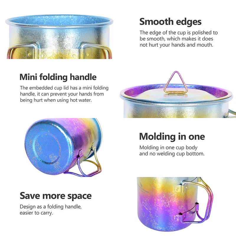 Boundless Voyage 450ml Outdoor Camping Titanium Mug Colorful Tea Coffee Cup with Lid Travel Drinkware Single Layer Mug