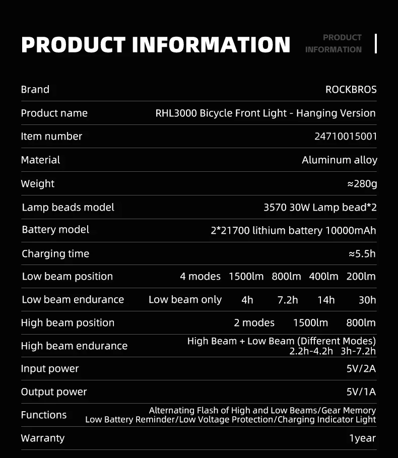 ROCKBROS Bike Light 3000LM 10000mAh Bicycle Front Light Flashlight High Brightness Type-C Bike Lamp Cycling Safety Front Lights