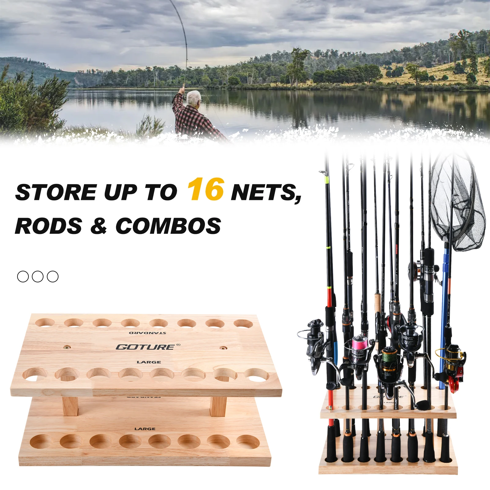 Goture Fishing Rod Holders 16-Rod Rack Vertical Rod Holder Wall Mount Modular For Garage Fishing Pole Display Stand Fixed Frame
