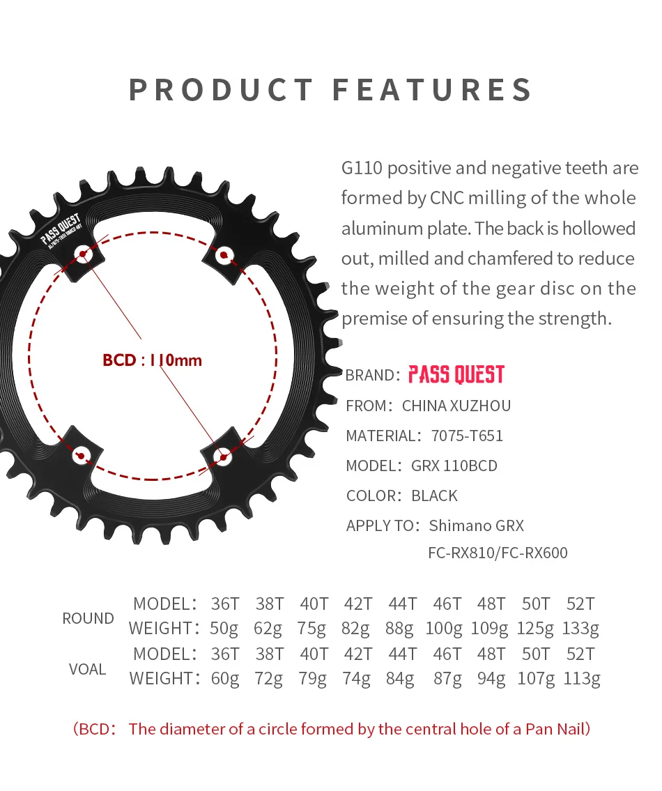PASS QUEST 110BCD Chainring 4-Bolt GRX Round/Oval 36T-52T Chain Wheel for SHIMANO GRX FC-RX810/FC-RX600 Crankset