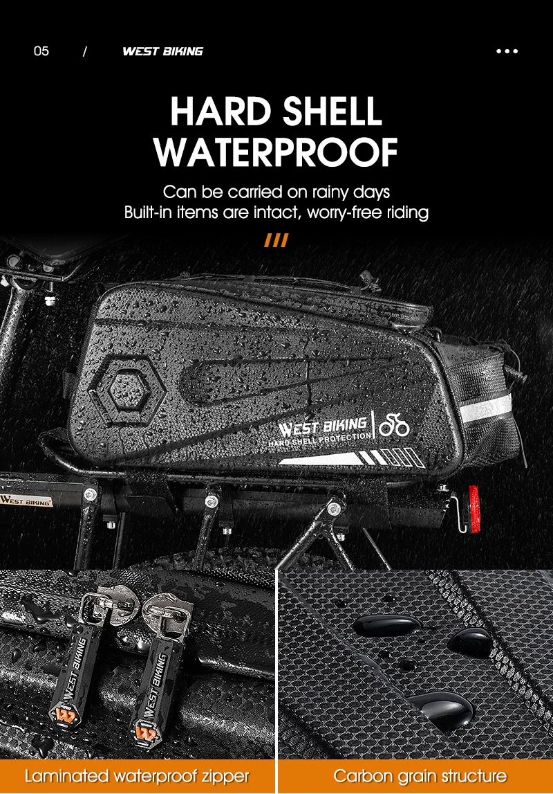 WEST BIKING Hard Shell Bicycle Trunk Bag Multifunctional Waterproof Bike Rear Seat Rack Bag Cycling Carrier Bag Bike Accessories