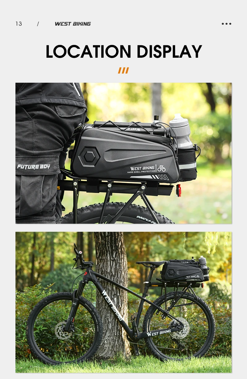WEST BIKING Hard Shell Bicycle Trunk Bag Multifunctional Waterproof Bike Rear Seat Rack Bag Cycling Carrier Bag Bike Accessories