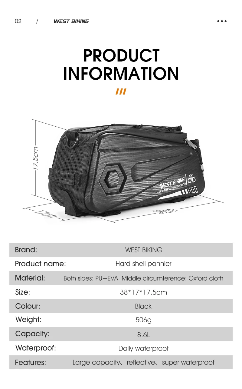 WEST BIKING Hard Shell Bicycle Trunk Bag Multifunctional Waterproof Bike Rear Seat Rack Bag Cycling Carrier Bag Bike Accessories