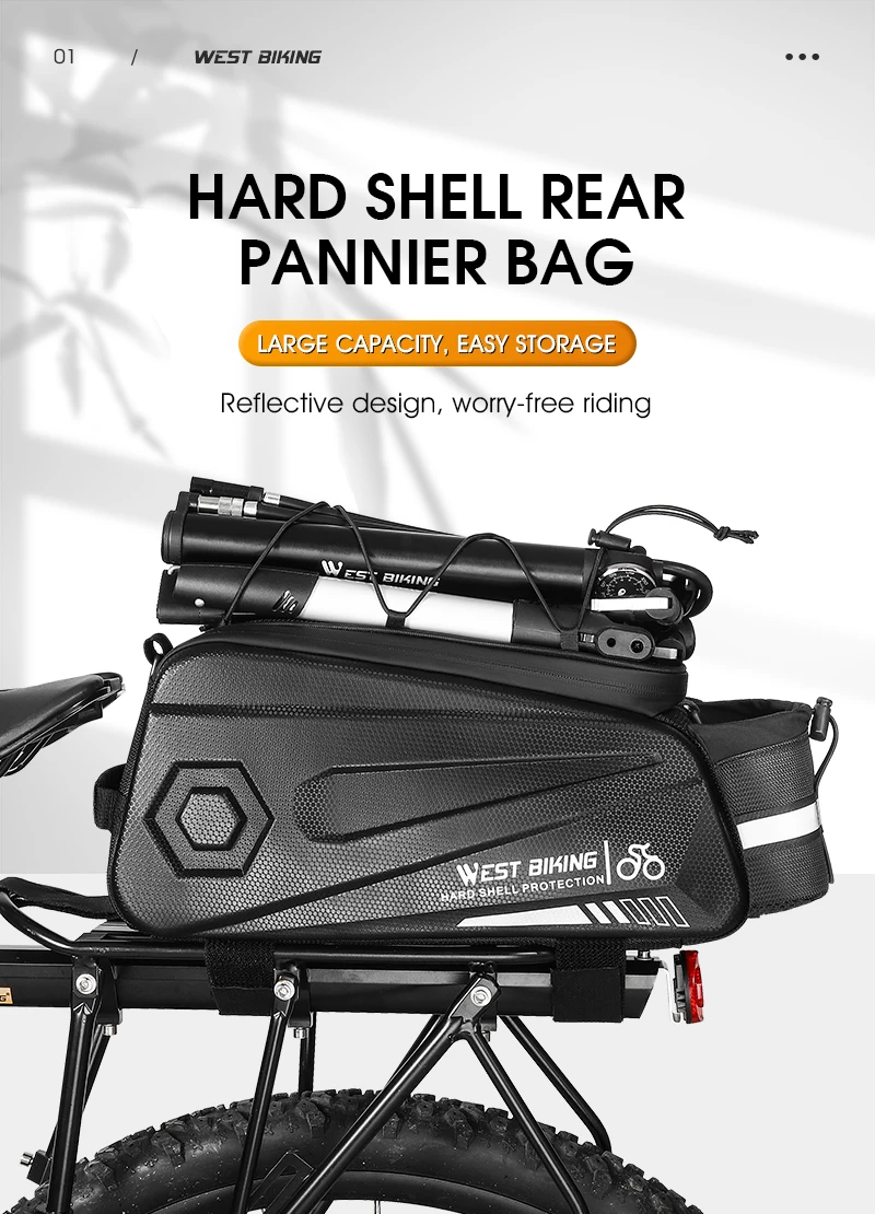 WEST BIKING Hard Shell Bicycle Trunk Bag Multifunctional Waterproof Bike Rear Seat Rack Bag Cycling Carrier Bag Bike Accessories