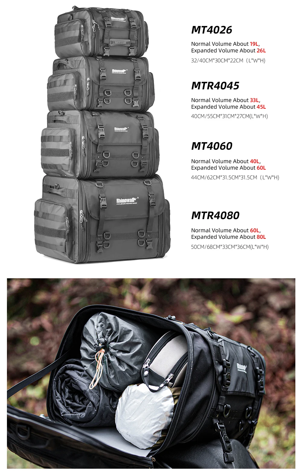 Rhinowalk Motorcycle Travel Luggage Bag Waterproof 19L-80L Expandable Big Capacity Motor Tail Bag Saddle Bag Pannier Rack