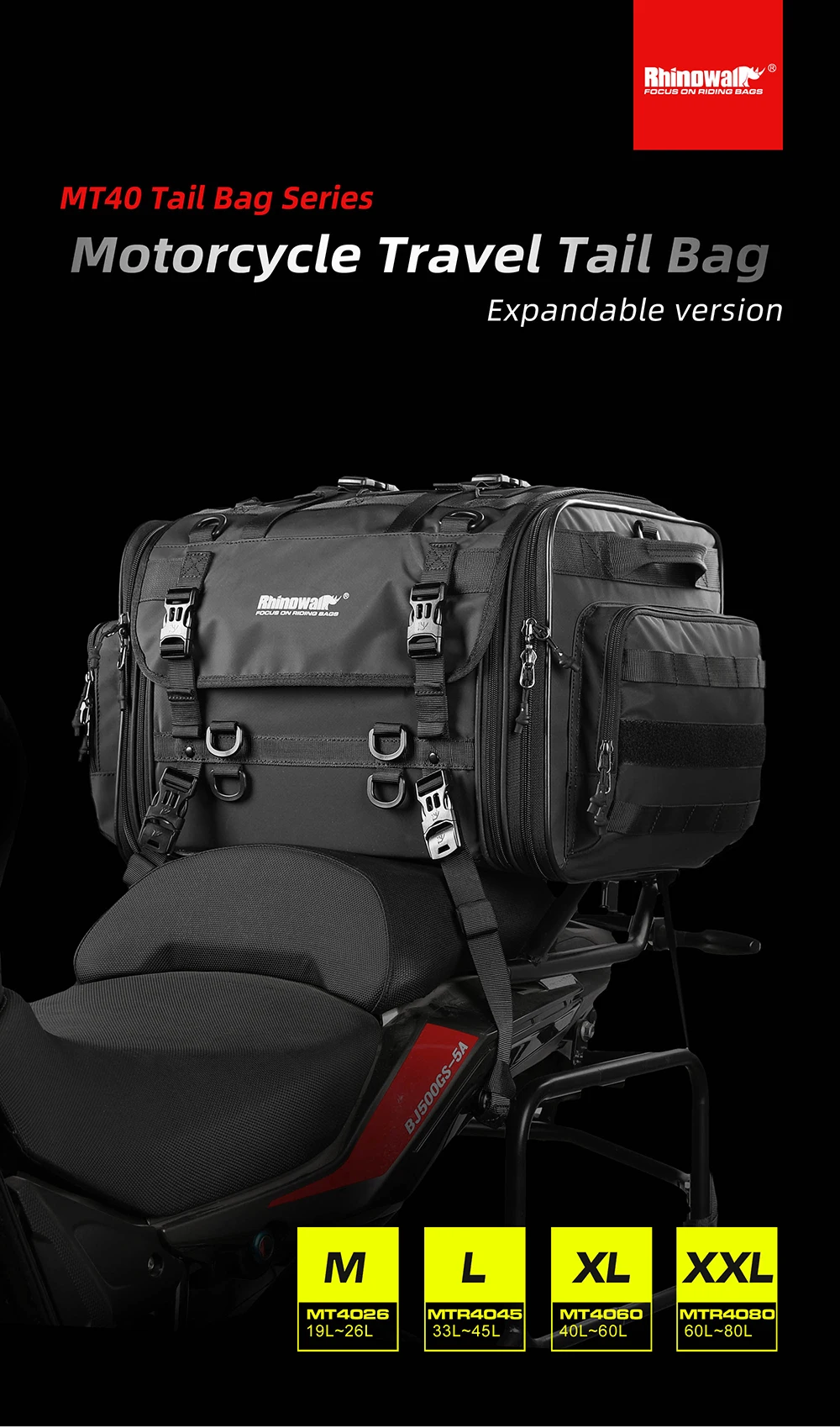 Rhinowalk Motorcycle Travel Luggage Bag Waterproof 19L-80L Expandable Big Capacity Motor Tail Bag Saddle Bag Pannier Rack