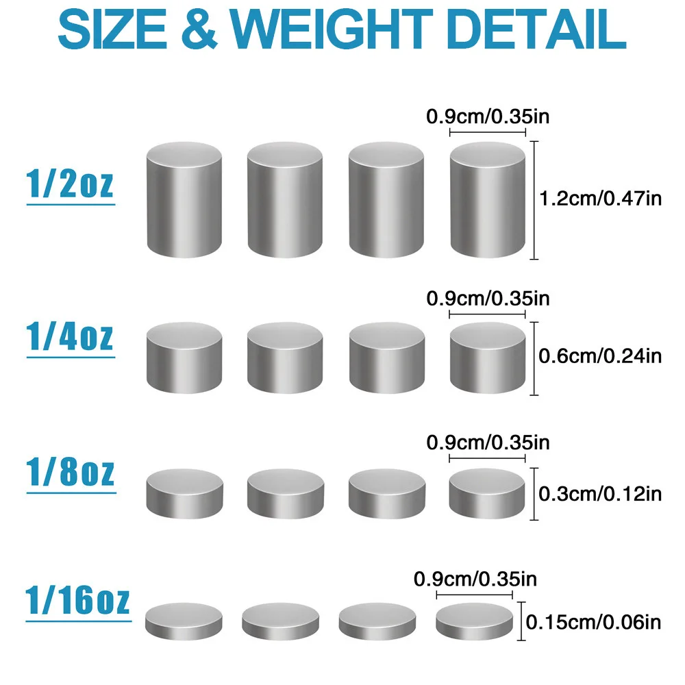 20Pcs Steel Weights for wood Car weight Pine Race Car Power Cylinders Steel alloy buffer weight 1/16OZ 1/8OZ 1/4OZ 1/2OZ