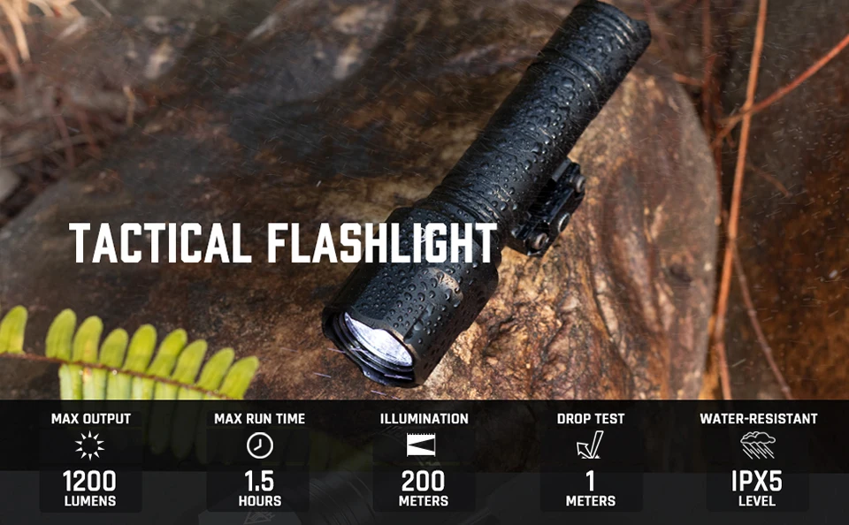 Outdoor 1200 Lumen Tactical Flashlight Matte Black Aluminum LED Light with Mlok System Remote Pressure Switch for Picatinny Rail