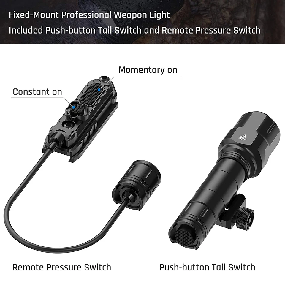 Outdoor 1200 Lumen Tactical Flashlight Matte Black Aluminum LED Light with Mlok System Remote Pressure Switch for Picatinny Rail