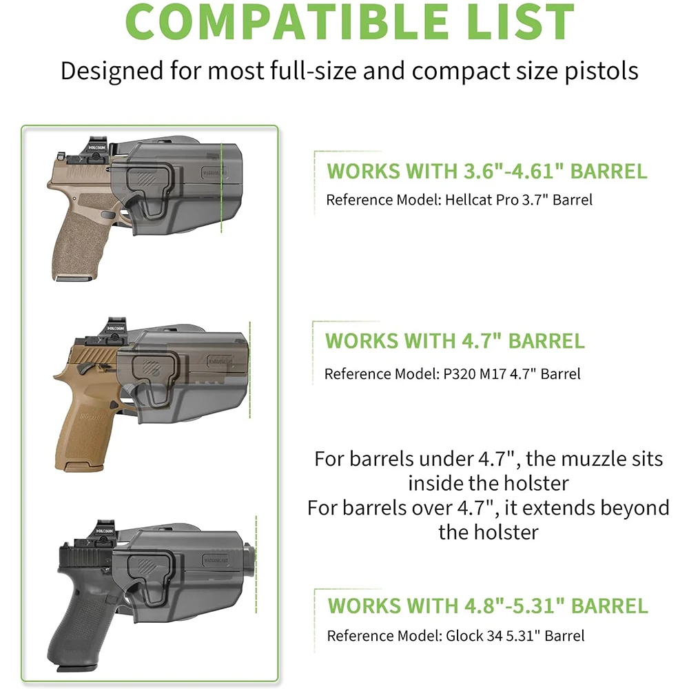 OWB Polymer Universal Holster,Fit G17,G19,M&P9,P320,TG3,TH9,GX4,APX,CZ75,CZP10C,Masada,and Other More Than 100 Models,Right/Left