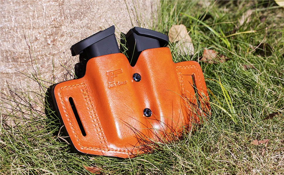 Gun&flower Double Magazine Pouches of Full Grain Leather Universal 9/40 Double Stack Mag Carrier