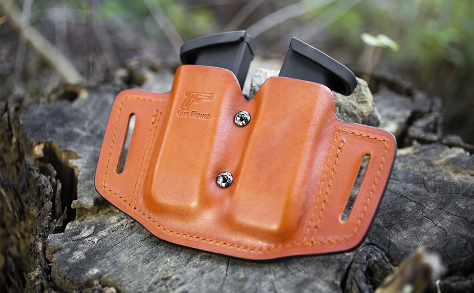 Gun&flower Double Magazine Pouches of Full Grain Leather Universal 9/40 Double Stack Mag Carrier