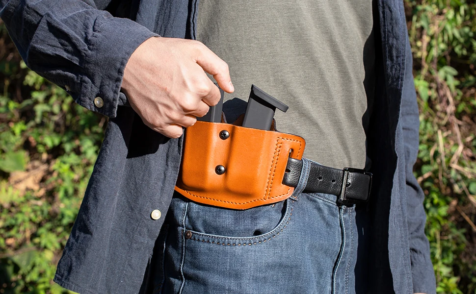 Gun&flower Double Magazine Pouches of Full Grain Leather Universal 9/40 Double Stack Mag Carrier