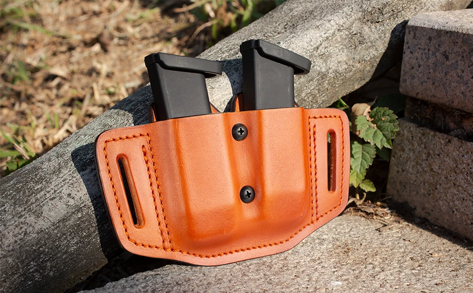 Gun&flower Double Magazine Pouches of Full Grain Leather Universal 9/40 Double Stack Mag Carrier