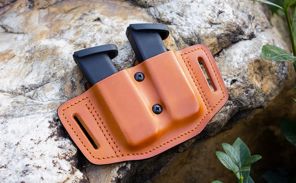 Gun&flower Double Magazine Pouches of Full Grain Leather Universal 9/40 Double Stack Mag Carrier